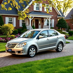 A 2011 Daewoo Leganza parked in a cozy suburban driveway, with a well-manicured lawn and blooming flower beds