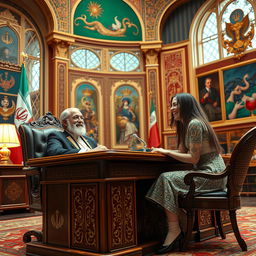 A surreal and imaginative scene showcasing the user as the President of Iran, confidently sitting at an ornate presidential desk adorned with traditional Persian motifs