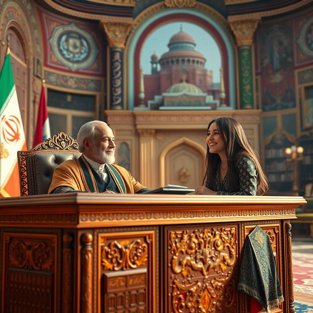 A surreal and imaginative scene showcasing the user as the President of Iran, confidently sitting at an ornate presidential desk adorned with traditional Persian motifs