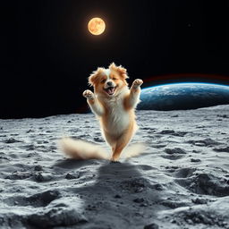 A playful dog joyfully dancing on the surface of the moon, with a vibrant view of Earth in the background