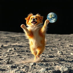A playful dog joyfully dancing on the surface of the moon, with a vibrant view of Earth in the background