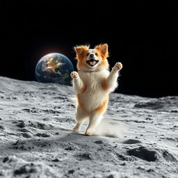 A playful dog joyfully dancing on the surface of the moon, with a vibrant view of Earth in the background