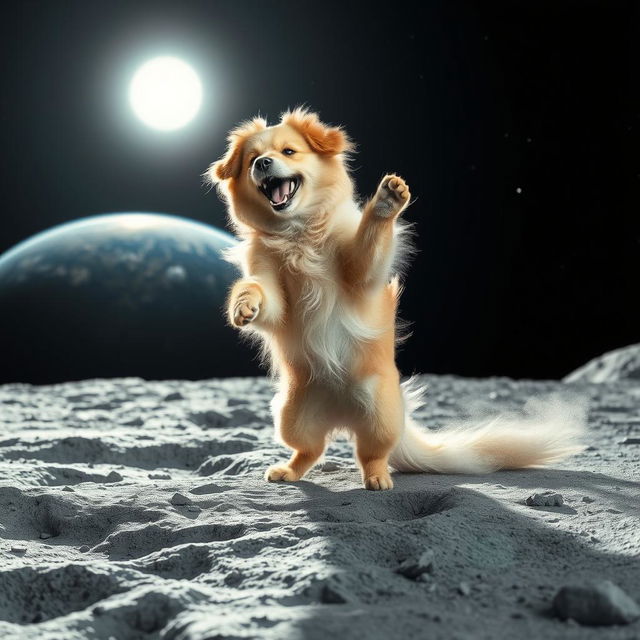 A playful dog joyfully dancing on the surface of the moon, with a vibrant view of Earth in the background