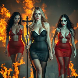 In a dramatic scene, a beautiful, sexy, innocent-looking 18-year-old girl with thin features and long blond hair stands amidst raging flames