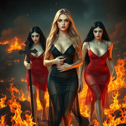 In a dramatic scene, a beautiful, sexy, innocent-looking 18-year-old girl with thin features and long blond hair stands amidst raging flames
