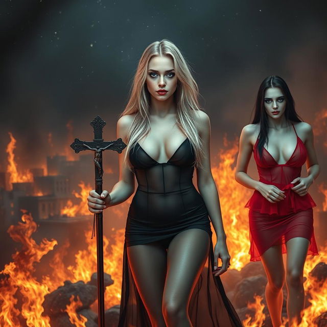 In a dramatic scene, a beautiful, sexy, innocent-looking 18-year-old girl with thin features and long blond hair stands amidst raging flames