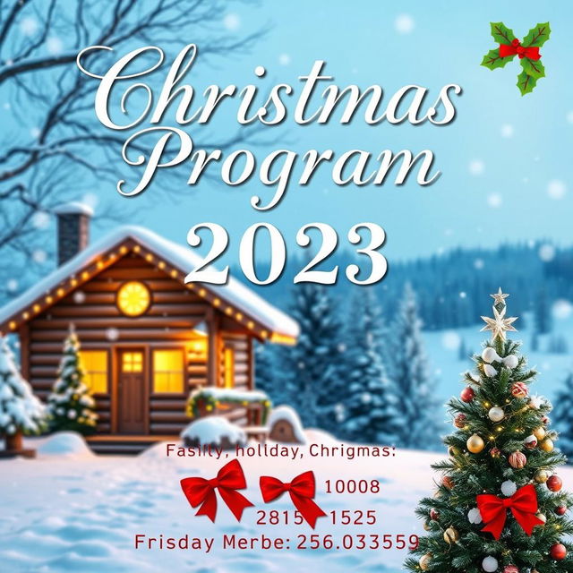 A festive Christmas program poster featuring a cozy winter scene