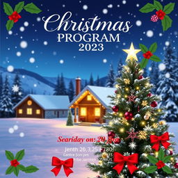 A festive Christmas program poster featuring a cozy winter scene