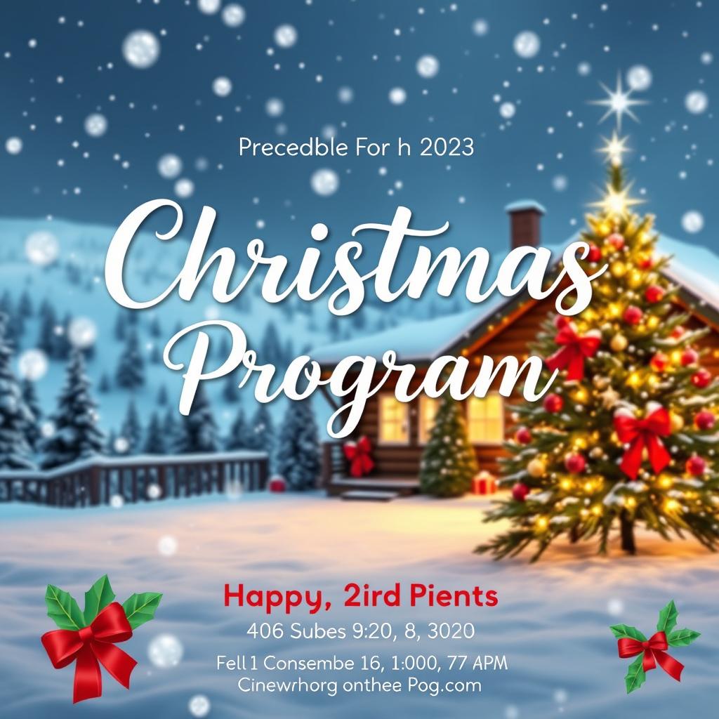 A festive Christmas program poster featuring a cozy winter scene