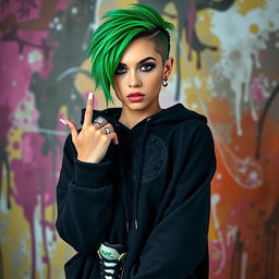 A portrait of a young woman with green hair styled in a unique way, showcasing her vibrant personality