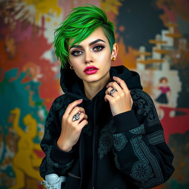 A portrait of a young woman with green hair styled in a unique way, showcasing her vibrant personality