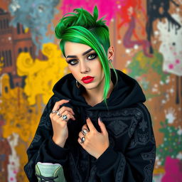 A portrait of a young woman with green hair styled in a unique way, showcasing her vibrant personality