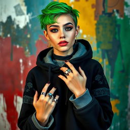 A portrait of a young woman with green hair styled in a unique way, showcasing her vibrant personality