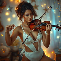 An enchanting scene of a woman passionately playing the violin, lost in the music's emotions