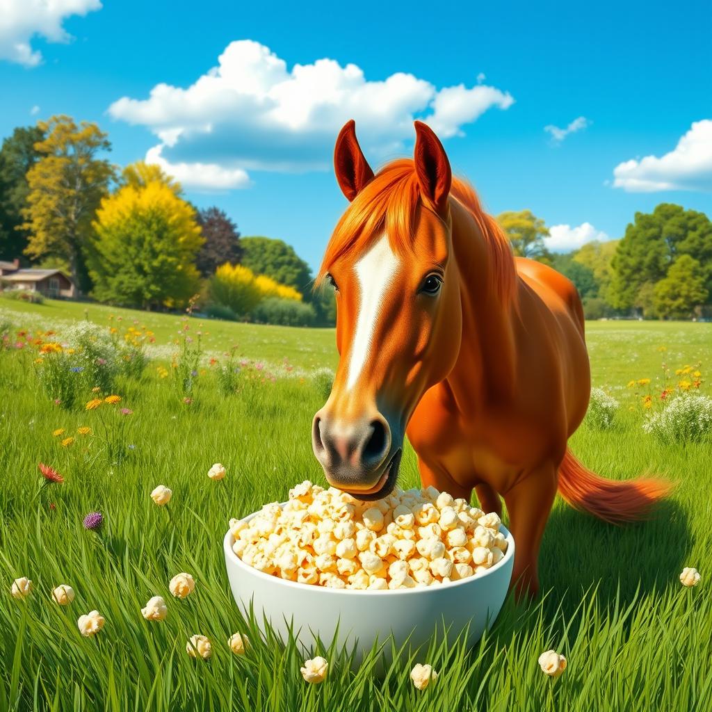 A whimsical scene of a horse munching on popcorn in a sunny meadow