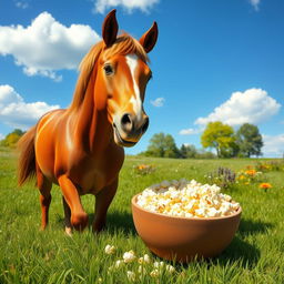 A whimsical scene of a horse munching on popcorn in a sunny meadow