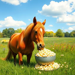 A whimsical scene of a horse munching on popcorn in a sunny meadow