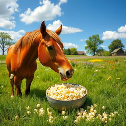 A whimsical scene of a horse munching on popcorn in a sunny meadow