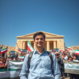 A young economist standing confidently as the president of Iran, with a proud expression on their face