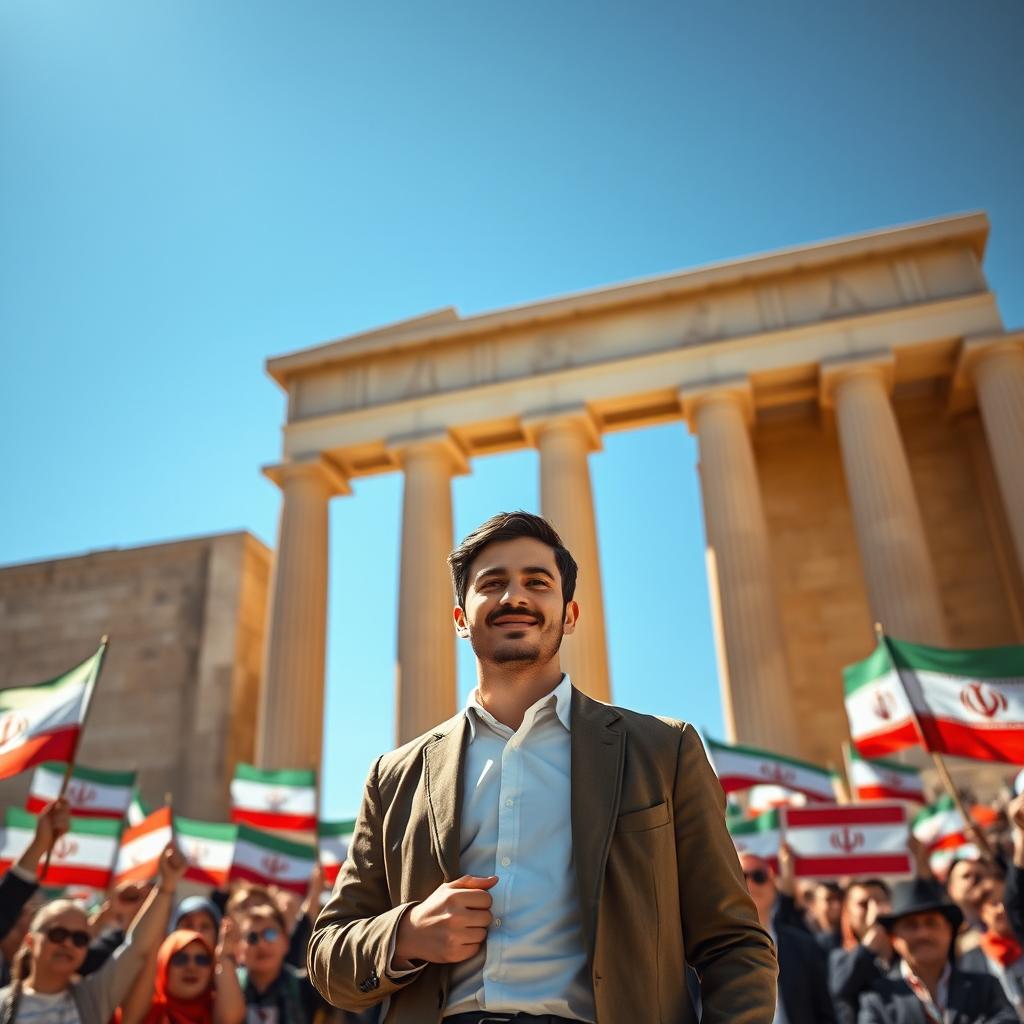 A young economist standing confidently as the president of Iran, with a proud expression on their face