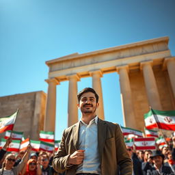 A young economist standing confidently as the president of Iran, with a proud expression on their face