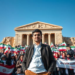 A young economist standing confidently as the president of Iran, with a proud expression on their face