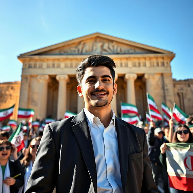 A young economist standing confidently as the president of Iran, with a proud expression on their face