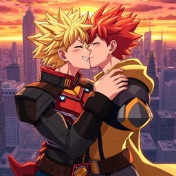 A vibrant and dynamic illustration of Bakugou and Kirishima from 'My Hero Academia' sharing a romantic kiss