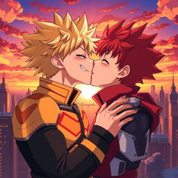 A vibrant and dynamic illustration of Bakugou and Kirishima from 'My Hero Academia' sharing a romantic kiss