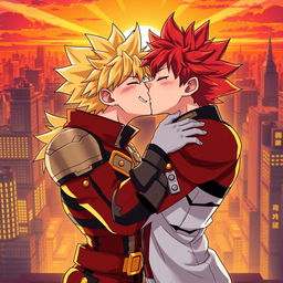A vibrant and dynamic illustration of Bakugou and Kirishima from 'My Hero Academia' sharing a romantic kiss