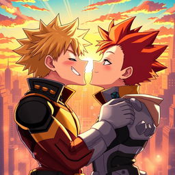 A vibrant and dynamic illustration of Bakugou and Kirishima from 'My Hero Academia' sharing a romantic kiss