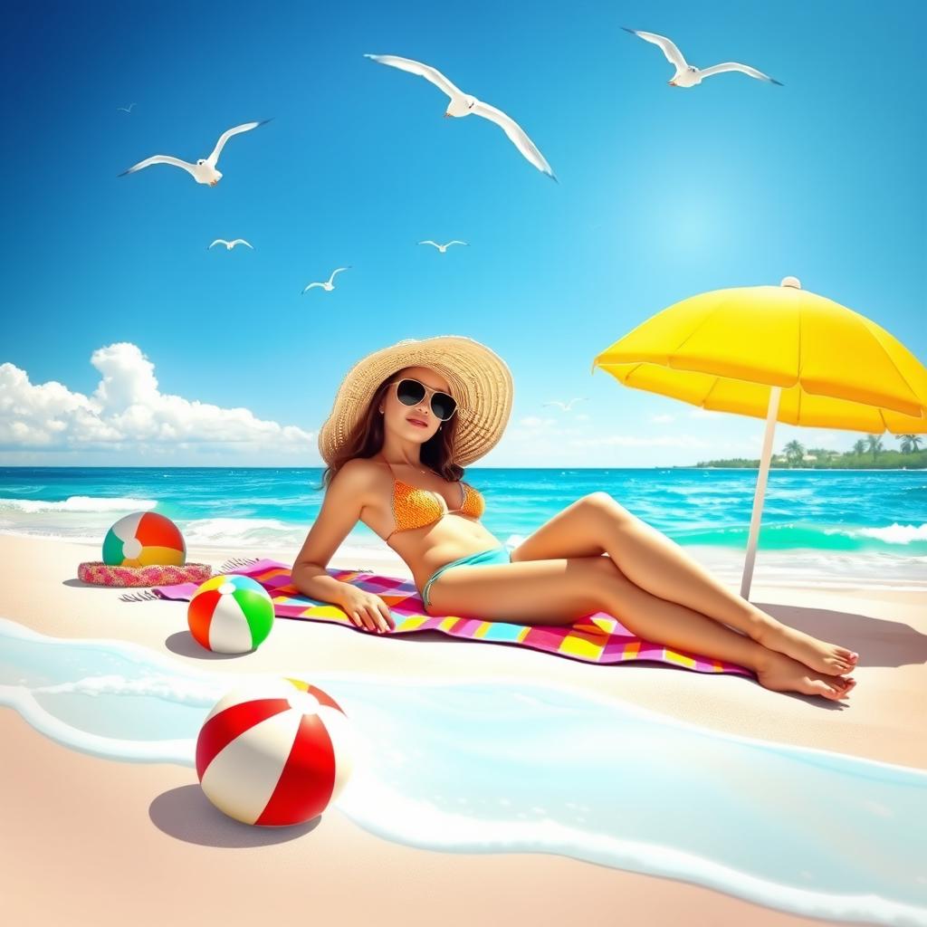 A vibrant beach scene showcasing a beautiful woman in a stylish bikini, enjoying a sunny day