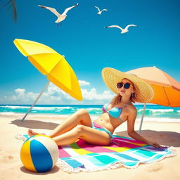 A vibrant beach scene showcasing a beautiful woman in a stylish bikini, enjoying a sunny day