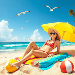 A vibrant beach scene showcasing a beautiful woman in a stylish bikini, enjoying a sunny day