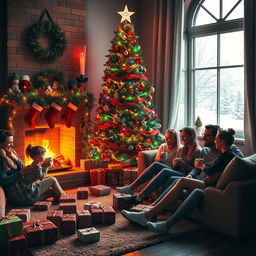 A cozy and festive Christmas day scene, featuring a beautifully decorated living room with a large Christmas tree adorned with colorful lights and ornaments