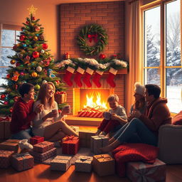 A cozy and festive Christmas day scene, featuring a beautifully decorated living room with a large Christmas tree adorned with colorful lights and ornaments