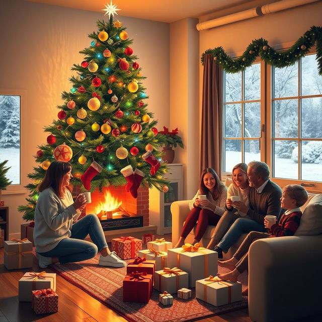 A cozy and festive Christmas day scene, featuring a beautifully decorated living room with a large Christmas tree adorned with colorful lights and ornaments