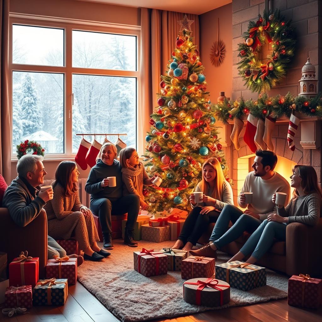 A cozy and festive Christmas day scene, featuring a beautifully decorated living room with a large Christmas tree adorned with colorful lights and ornaments