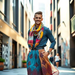 A fashionable man confidently wearing a stylish outfit consisting of a colorful scarf and a flowing skirt