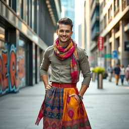 A fashionable man confidently wearing a stylish outfit consisting of a colorful scarf and a flowing skirt