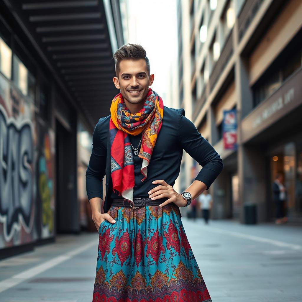 A fashionable man confidently wearing a stylish outfit consisting of a colorful scarf and a flowing skirt