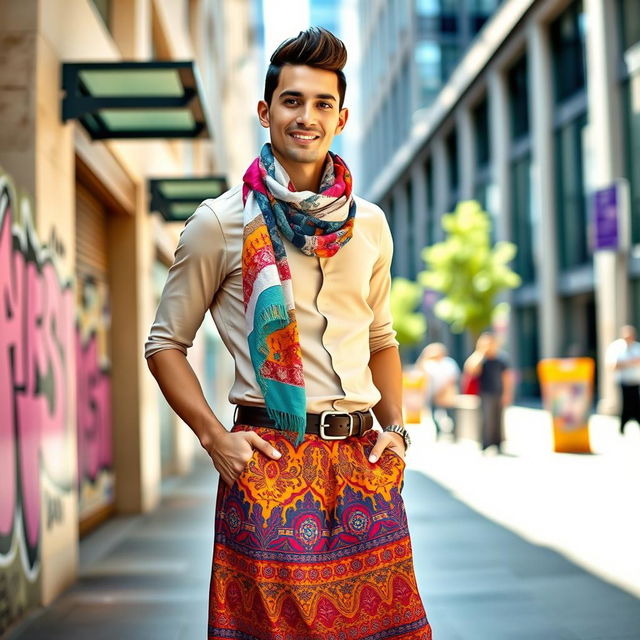 A fashionable man confidently wearing a stylish outfit consisting of a colorful scarf and a flowing skirt