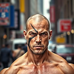A tall, bald man with a prominent scar across his face, standing confidently in an urban setting