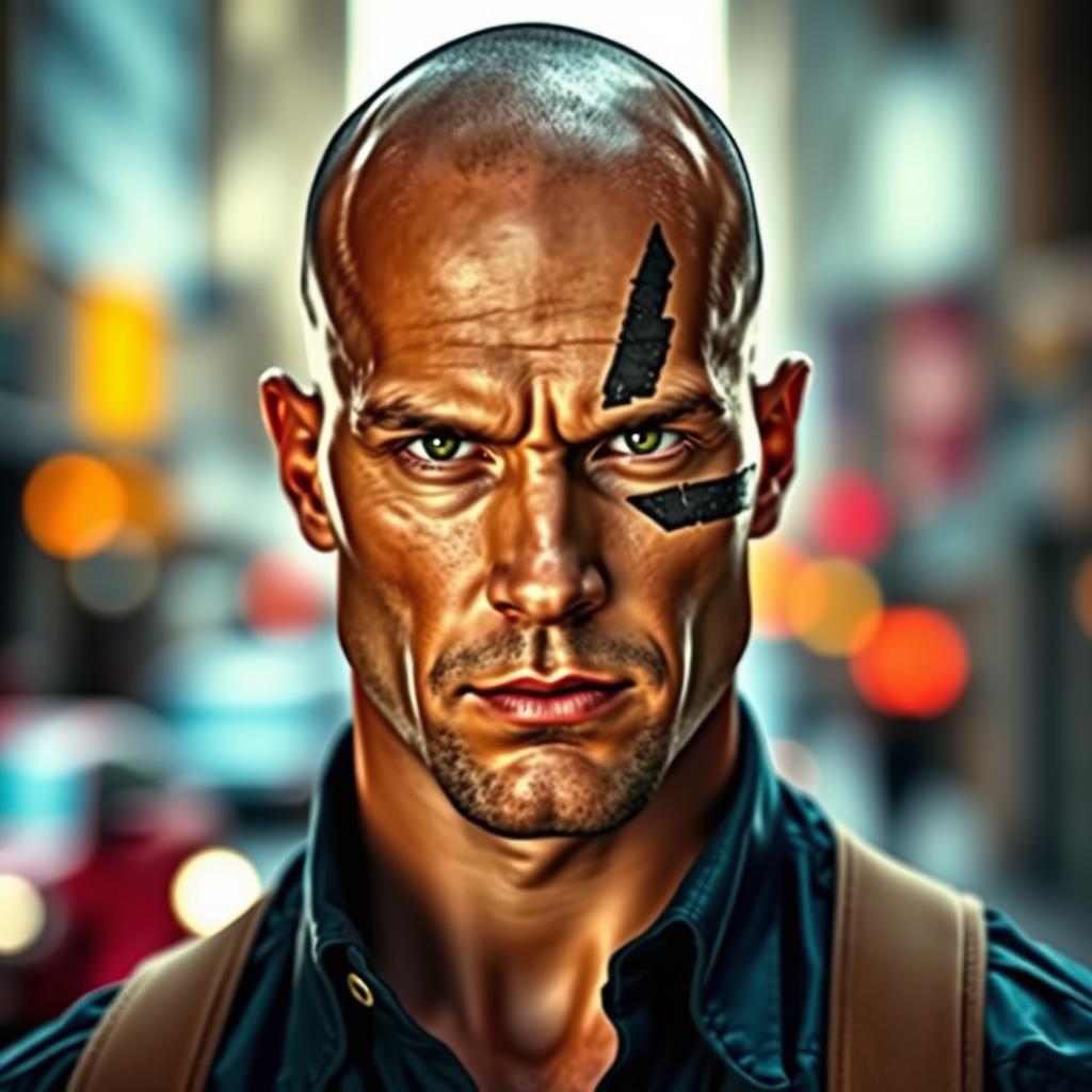 A tall, bald man with a prominent scar across his face, standing confidently in an urban setting