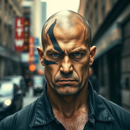 A tall, bald man with a prominent scar across his face, standing confidently in an urban setting
