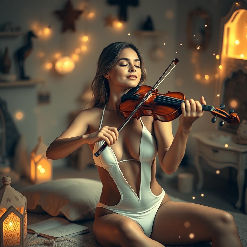 A serene scene of a woman sitting relaxed while playing the violin, embodying a deep emotional connection to the music