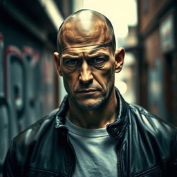 A tall bald man with a prominent vertical scar running down the left side of his face