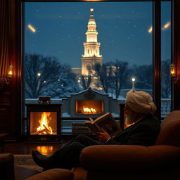 A serene scene inside the presidential palace of Iran at night, showcasing the Iranian president sitting comfortably in a luxurious room