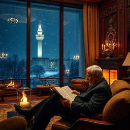 A serene scene inside the presidential palace of Iran at night, showcasing the Iranian president sitting comfortably in a luxurious room