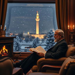 A serene scene inside the presidential palace of Iran at night, showcasing the Iranian president sitting comfortably in a luxurious room
